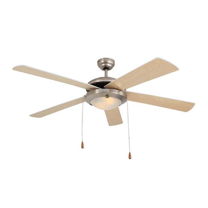 Close-up detail of the Eurolux satin chrome & natural wood ceiling fan