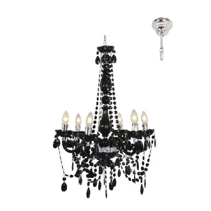 Eurolux black chandelier installed and lit
