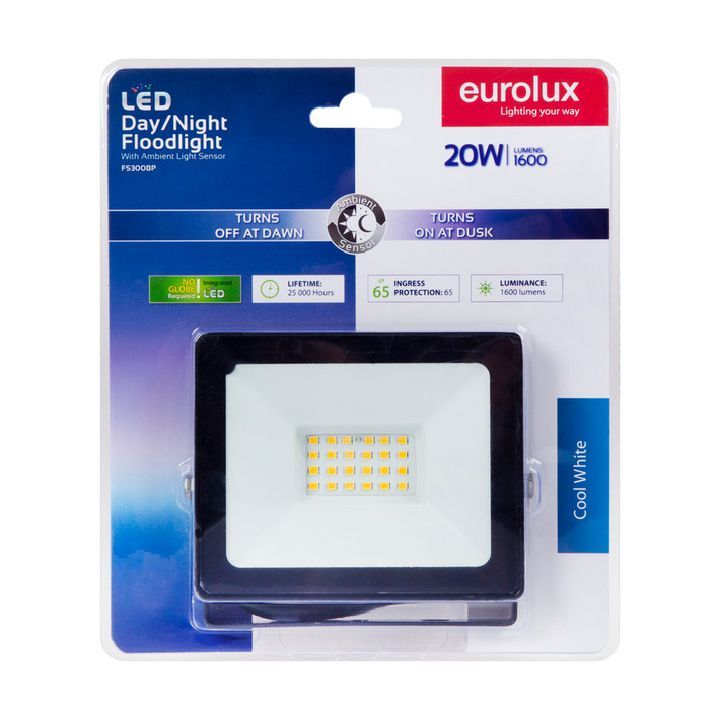 Eurolux floodlight shown in its packaging