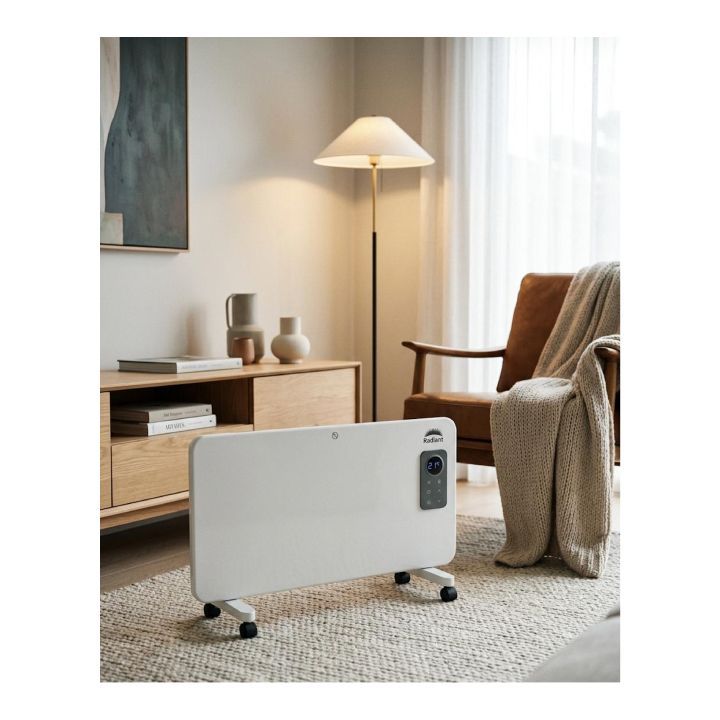 Radiant white heater shown in its packaging
