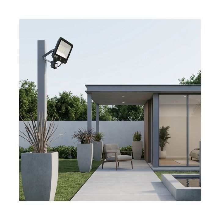Radiant black floodlight installed and lit