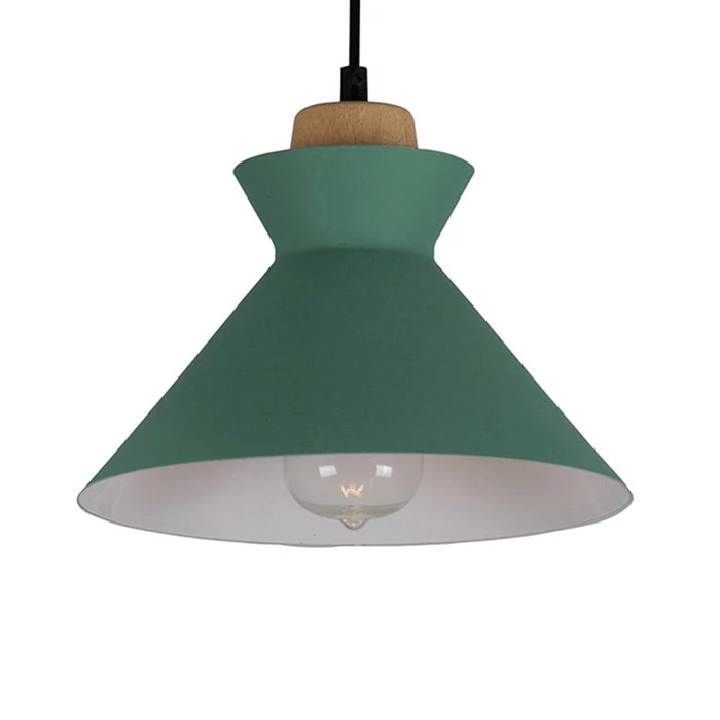 Close-up detail of the Eurolux green and brown wood pendant light