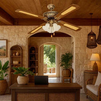 Radiant antique brass ceiling fan installed and lit