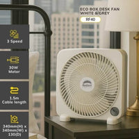 Radiant fan shown in its packaging