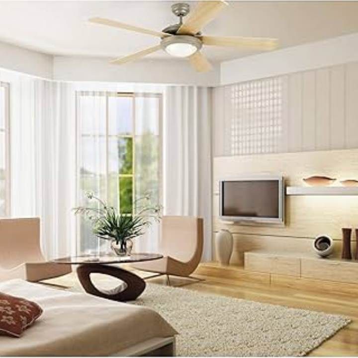 Eurolux satin chrome & natural wood ceiling fan installed and lit