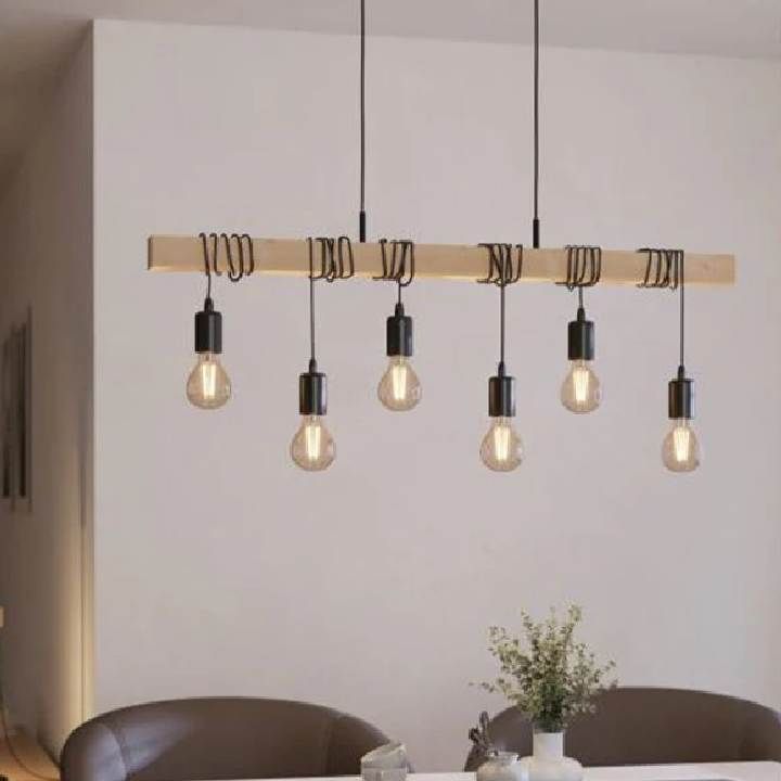 Eurolux black & wood pendant light shown in its packaging