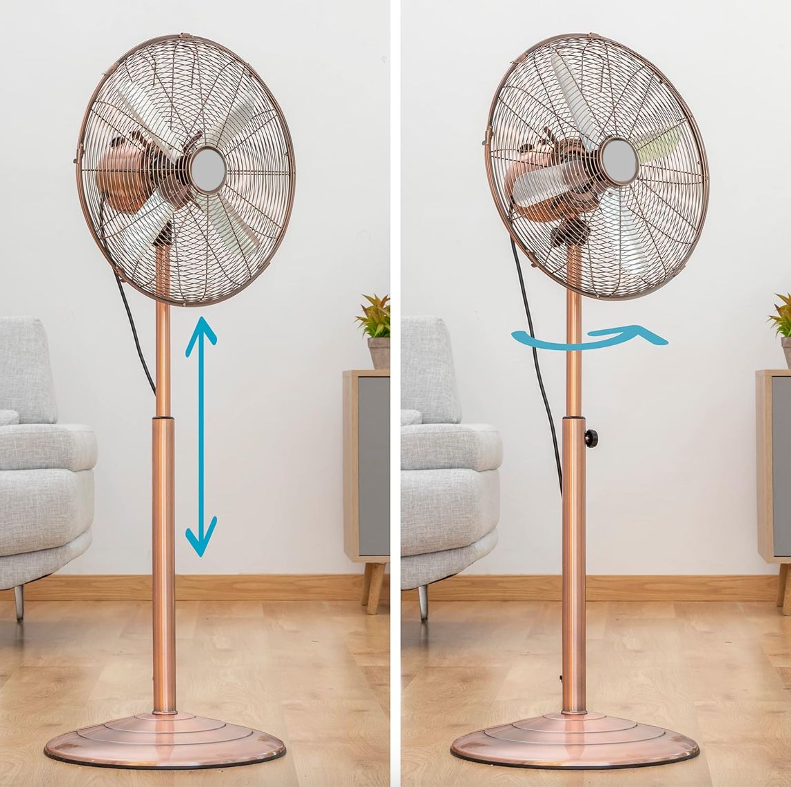 Close-up detail of the Eurolux copper pedestal fan