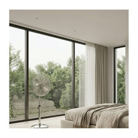 Eurolux silver pedestal fan shown in its packaging