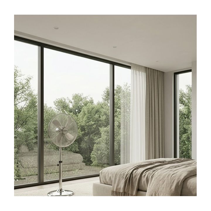 Eurolux silver pedestal fan shown in its packaging