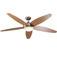 Radiant satin chrome & natural ceiling fan installed and lit