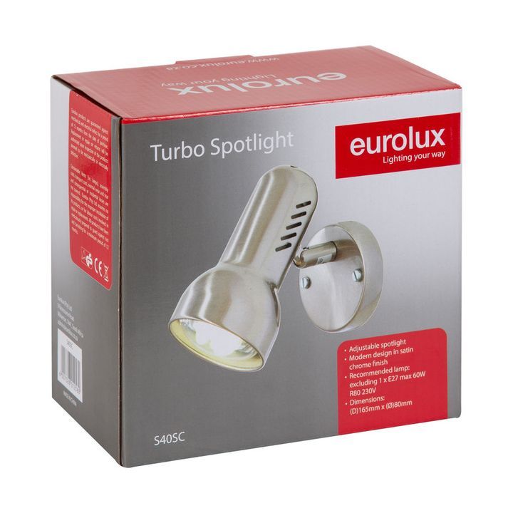 Eurolux satin chrome floodlight shown in its packaging