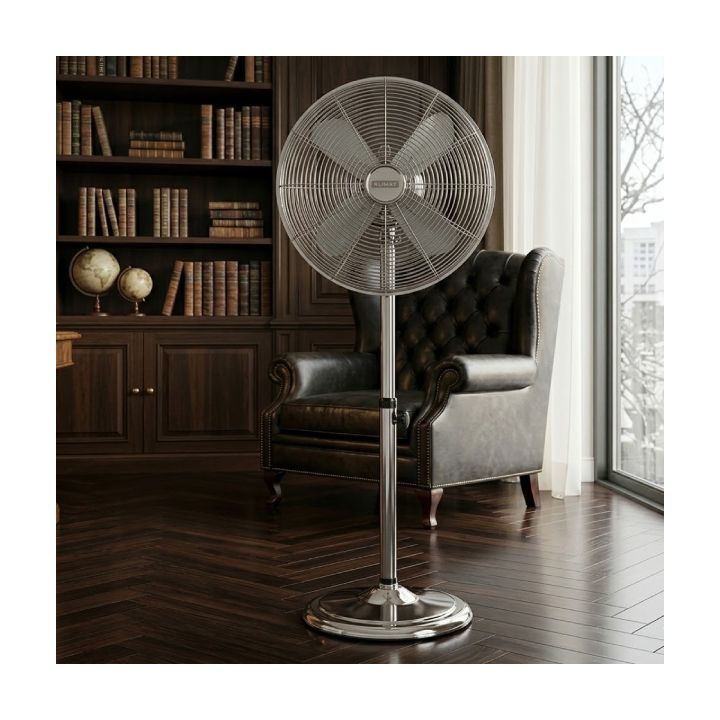 Close-up detail of the Eurolux silver pedestal fan