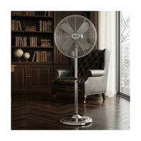 Close-up detail of the Eurolux silver pedestal fan