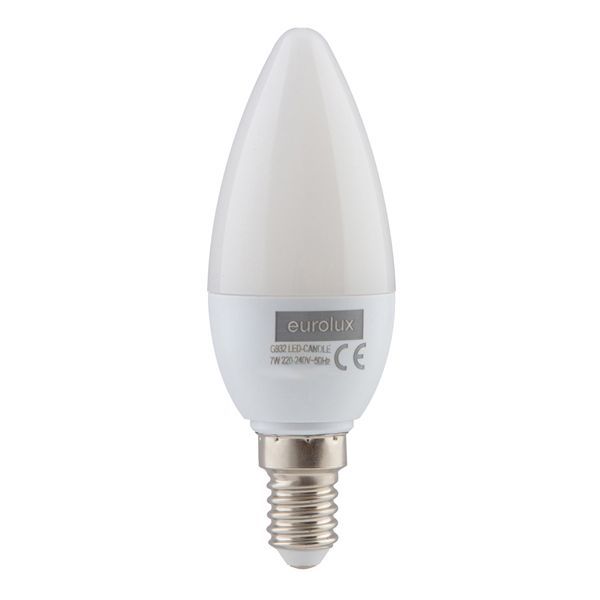 Eurolux 7W E14 candle LED bulb shown in retail packaging