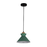 Eurolux green and brown wood pendant light installed and lit