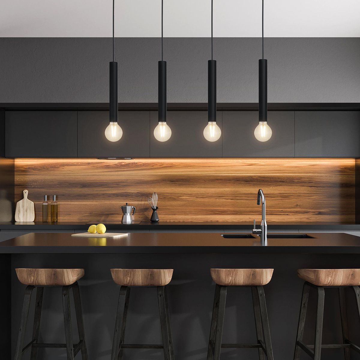 Eurolux black pendant light installed and lit