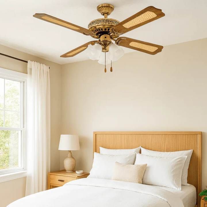 Close-up detail of the Radiant antique brass ceiling fan