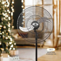 Radiant black pedestal fan shown in its packaging