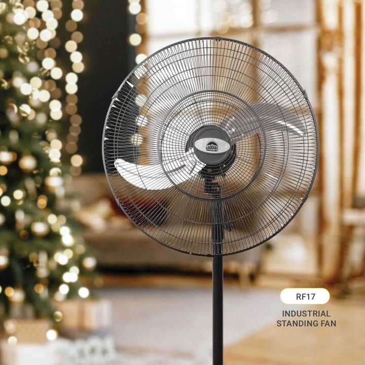 Radiant black pedestal fan shown in its packaging