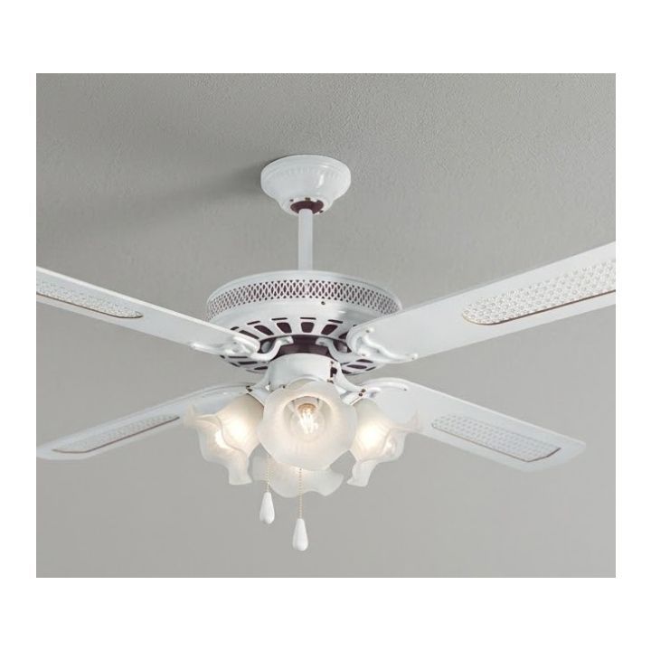 Radiant white ceiling fan installed and lit