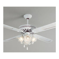 Radiant white ceiling fan installed and lit