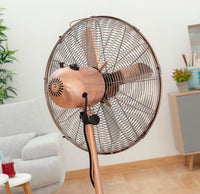 Eurolux copper pedestal fan shown in its packaging