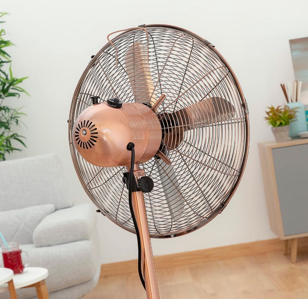 Eurolux copper pedestal fan shown in its packaging