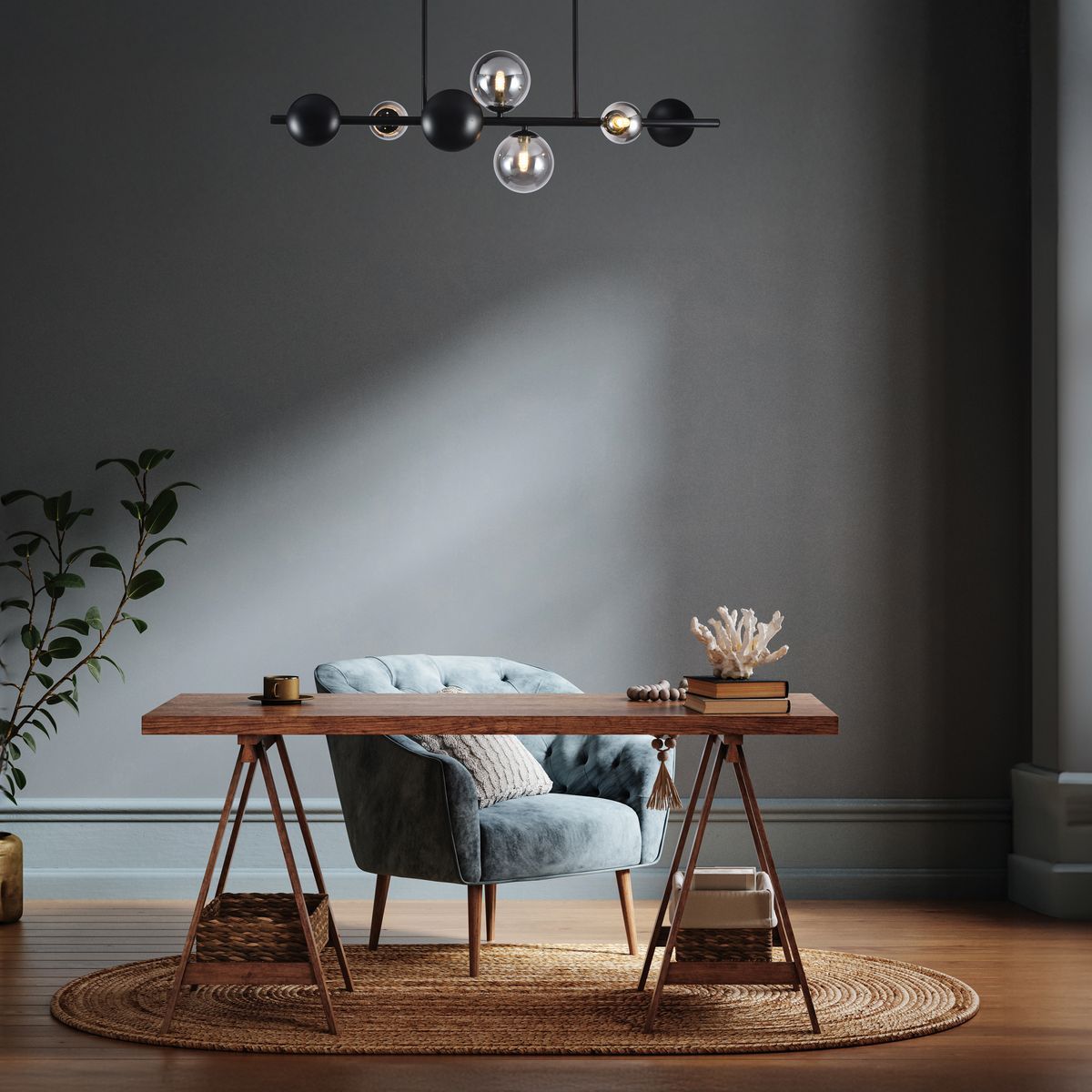 Eurolux black pendant light installed and lit
