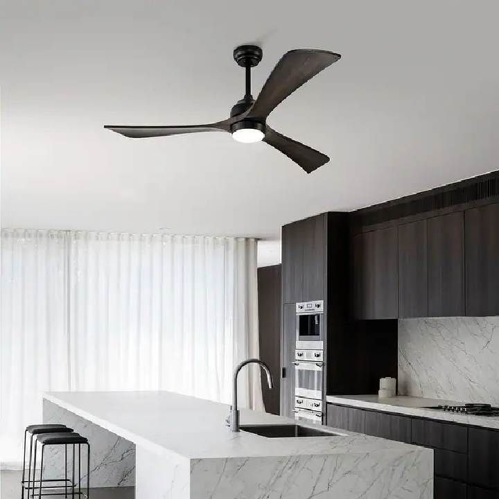 Radiant matt black ceiling fan installed and lit