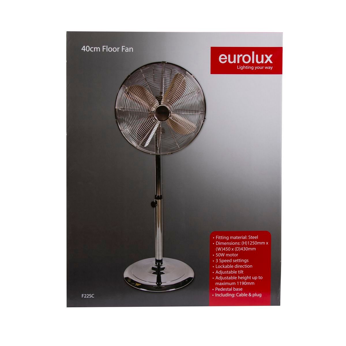 Eurolux silver pedestal fan installed and lit