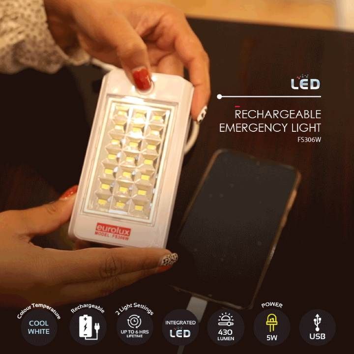 Close-up detail of the Eurolux white emergency light