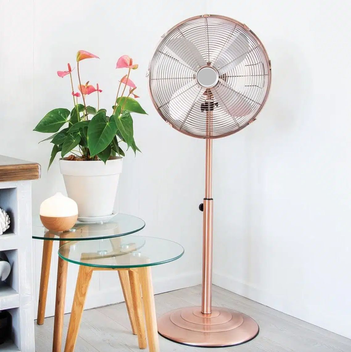 Eurolux copper pedestal fan installed and lit