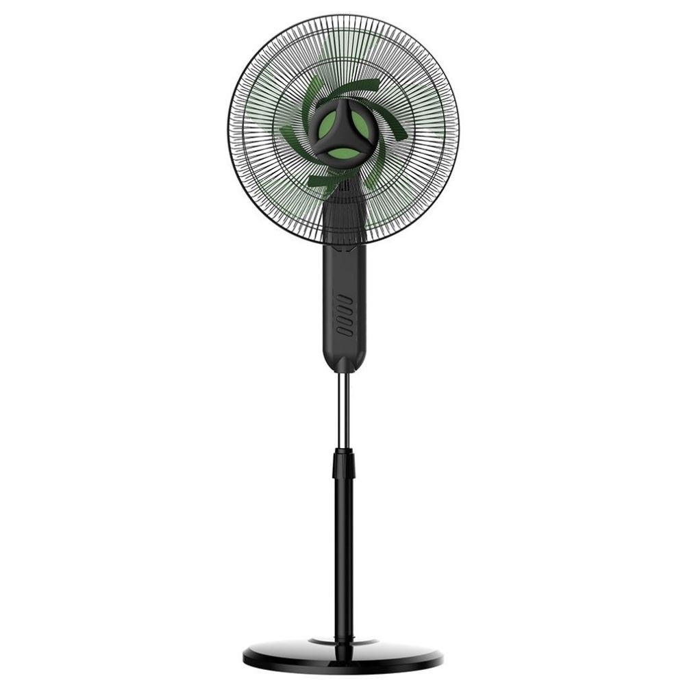 Eurolux black and green pedestal fan, front view