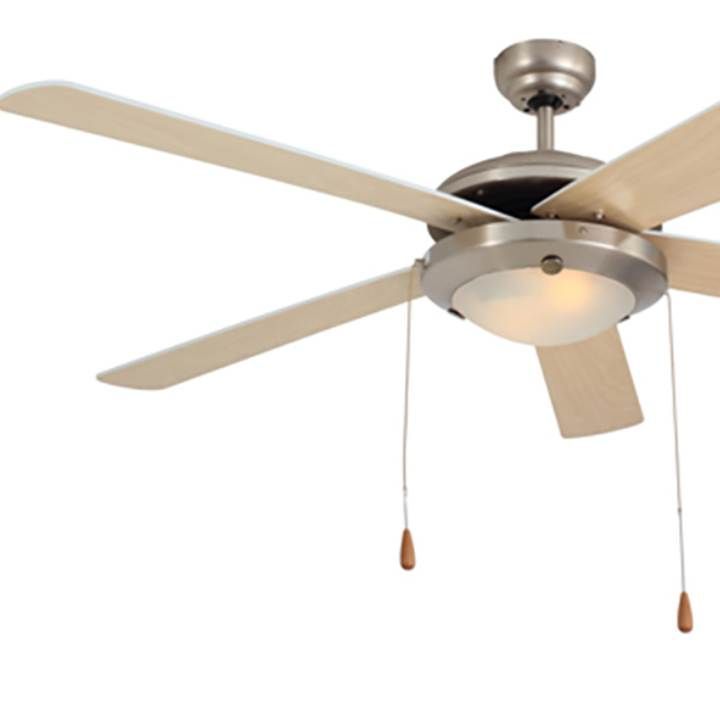 Eurolux satin chrome & natural wood ceiling fan shown in its packaging