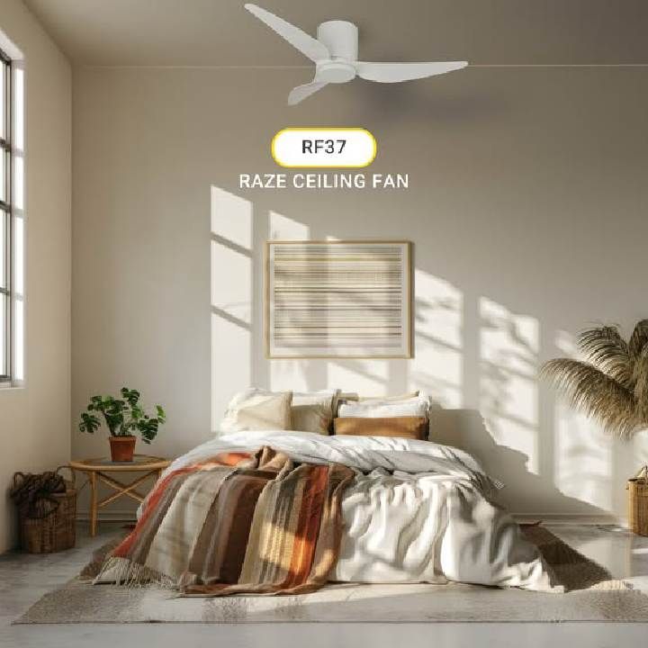 Radiant matt white ceiling fan shown in its packaging