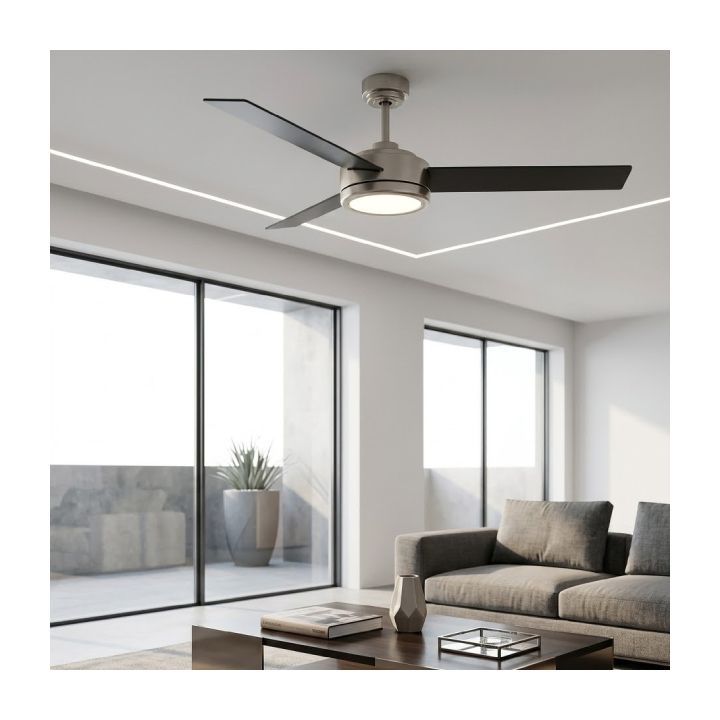 Radiant brushed nickel ceiling fan shown in its packaging