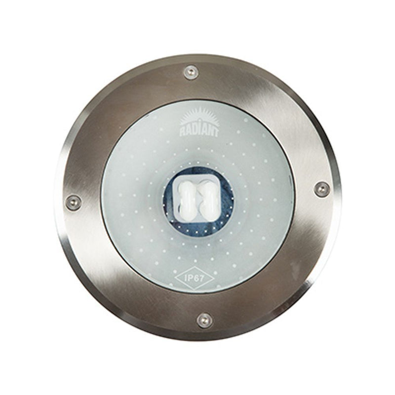 Radiant stainless steel ground light, front view