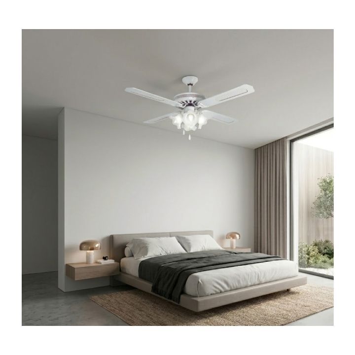 Radiant white ceiling fan shown in its packaging