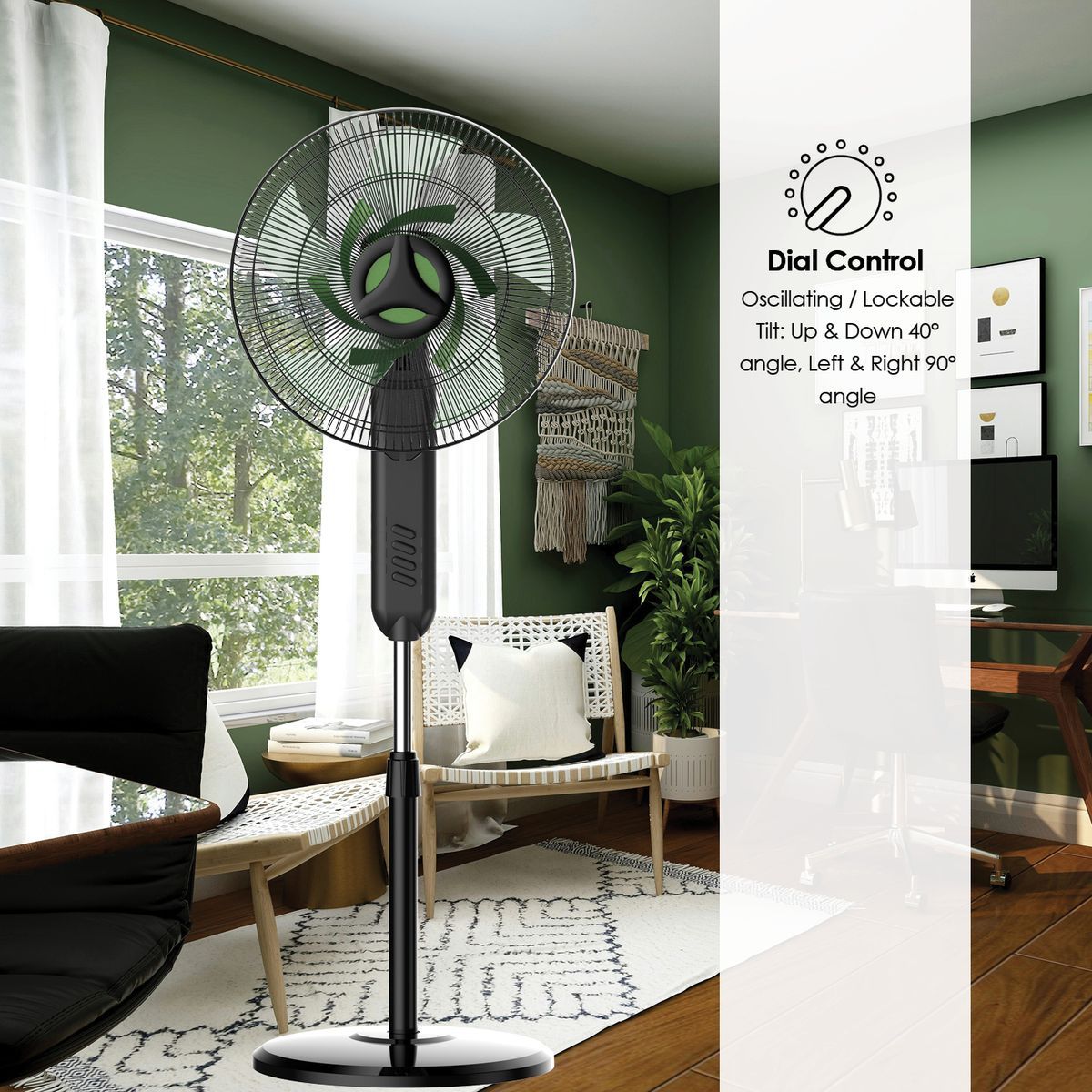 Eurolux black and green pedestal fan shown in its packaging