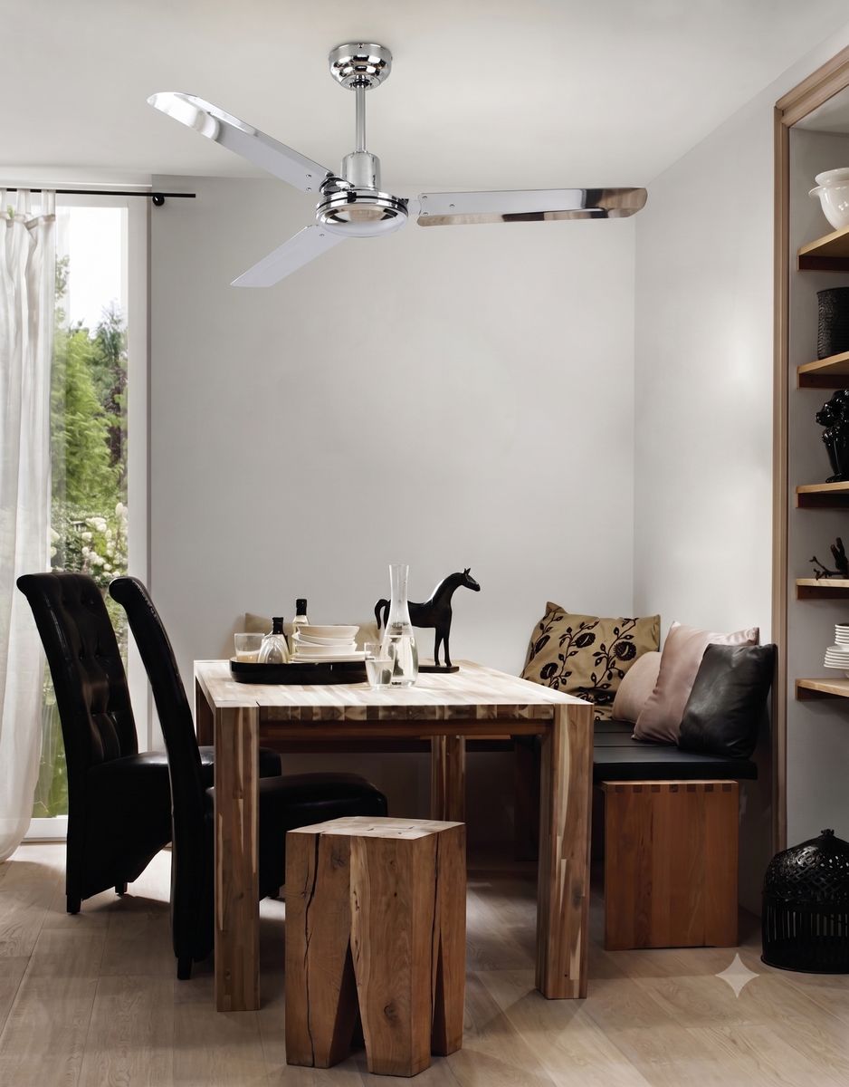 Eurolux chrome finish ceiling fan shown in its packaging