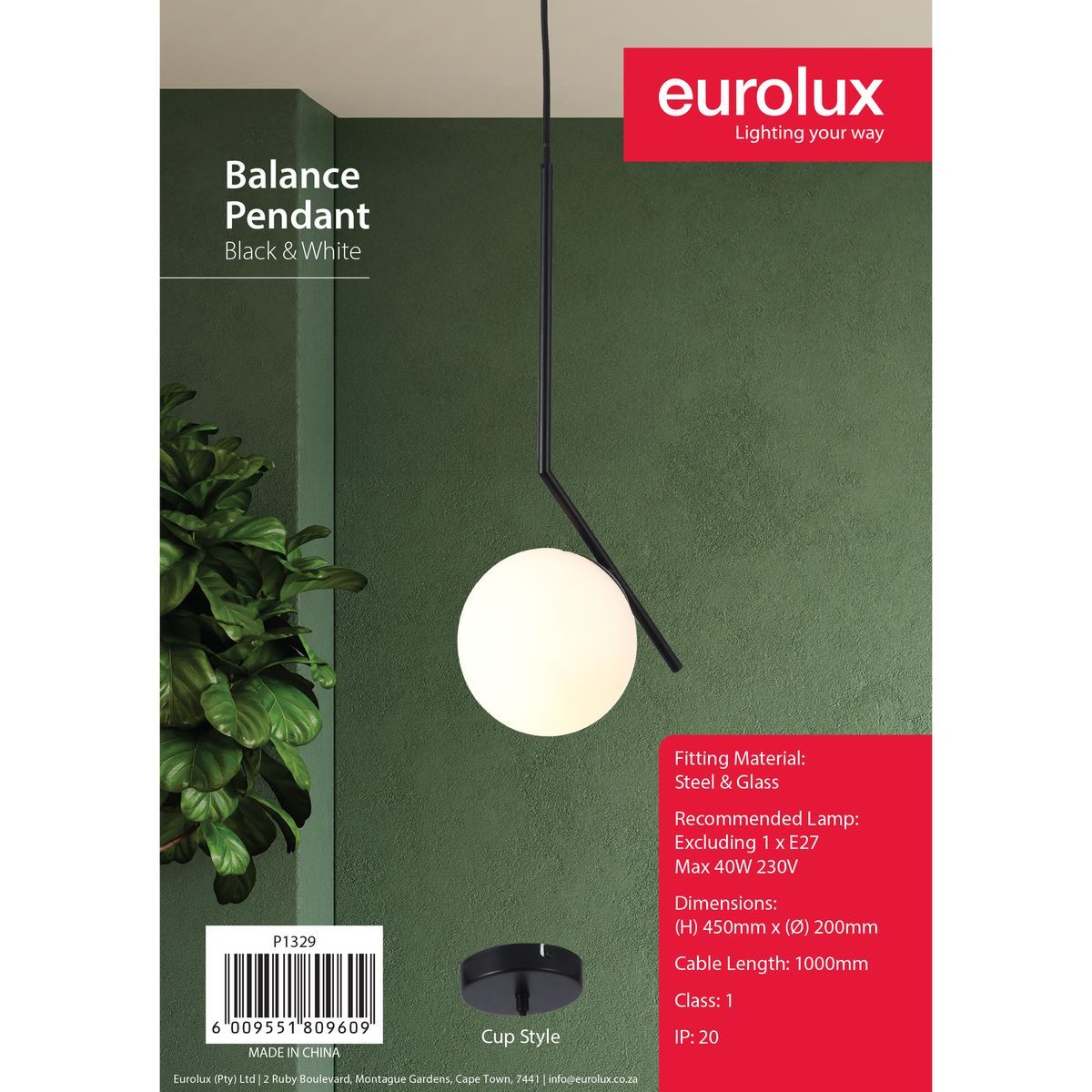 Eurolux black & white pendant light installed and lit