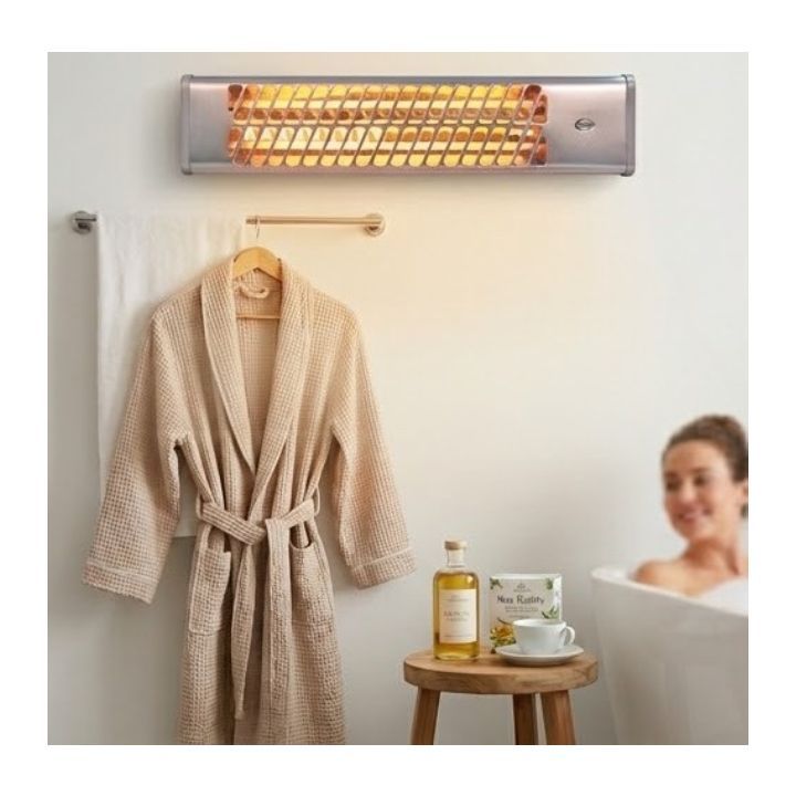 Radiant white heater installed and lit