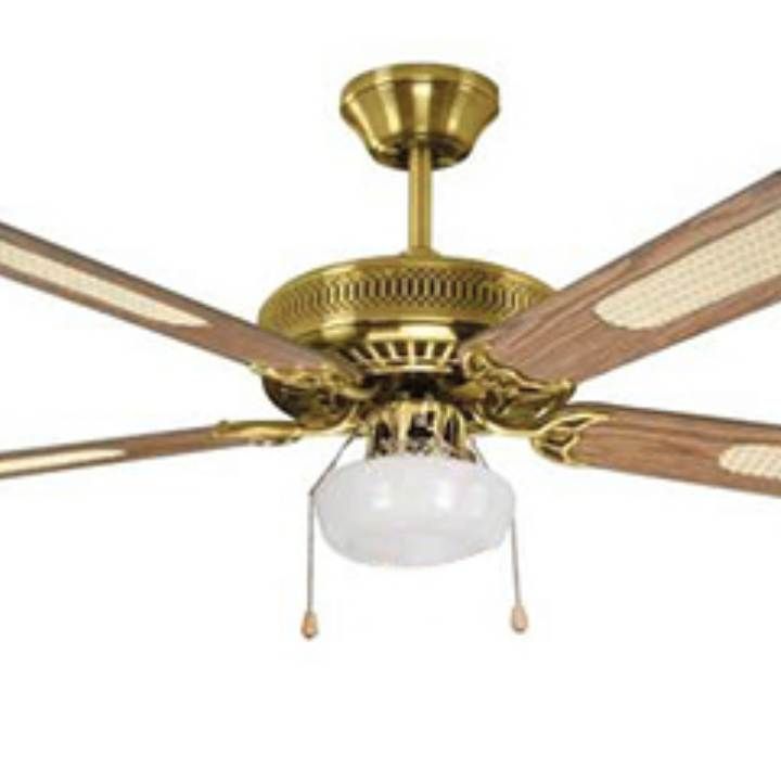 Eurolux antique brass ceiling fan shown in its packaging