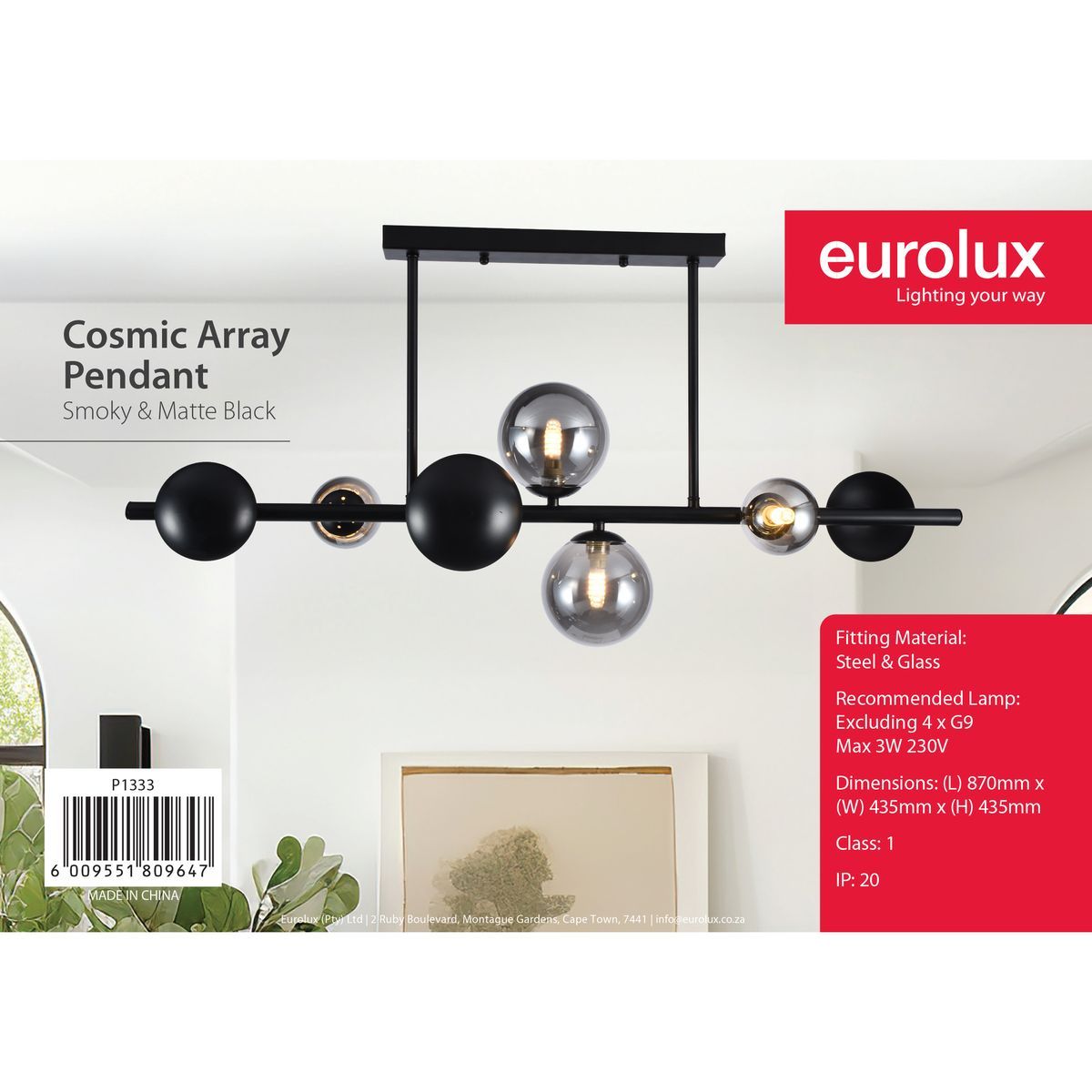 Eurolux black pendant light dimensions diagram