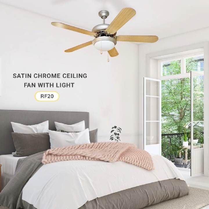 Radiant satin chrome & light wood ceiling light shown in its packaging