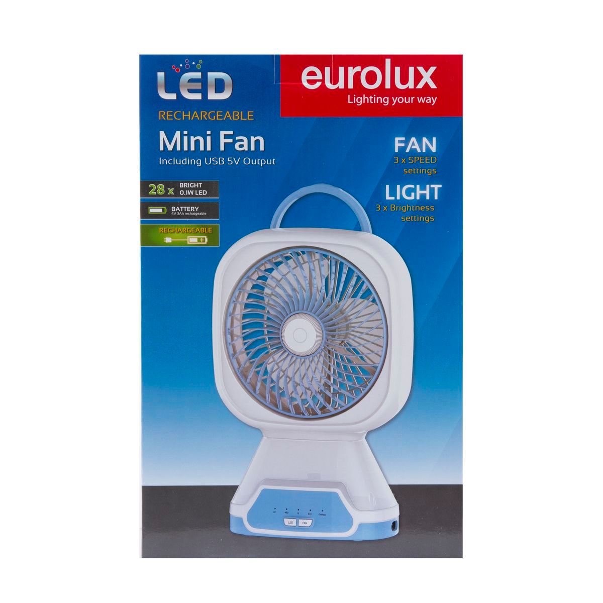 Eurolux fan shown in its packaging