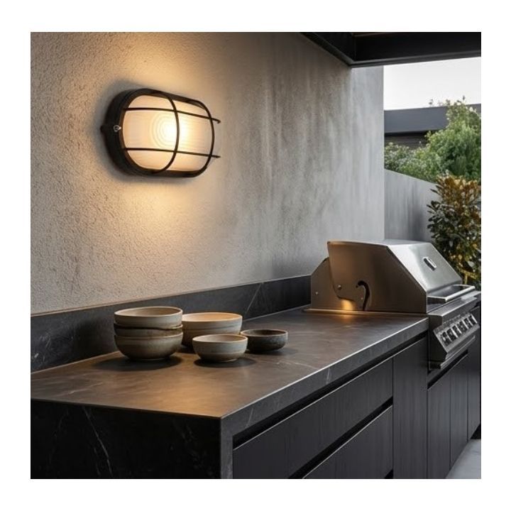 Eurolux black bulkhead light installed and lit