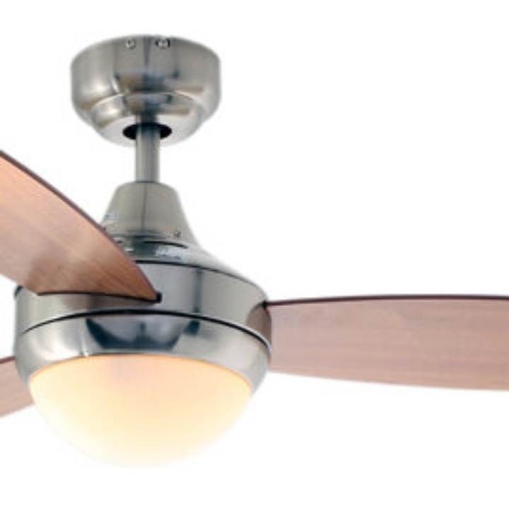 Close-up detail of the Radiant satin chrome & natural ceiling fan
