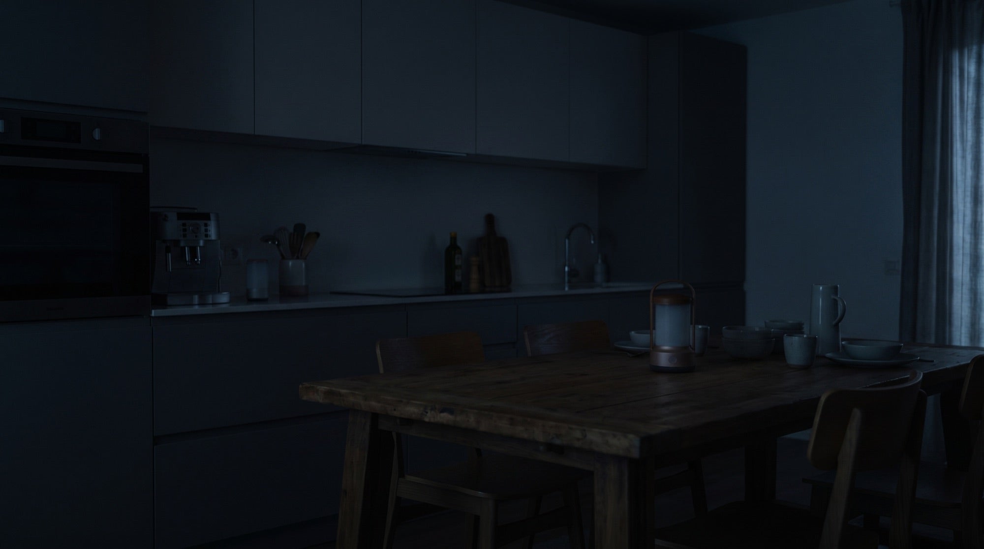 A kitchen in total darkness during a power cut