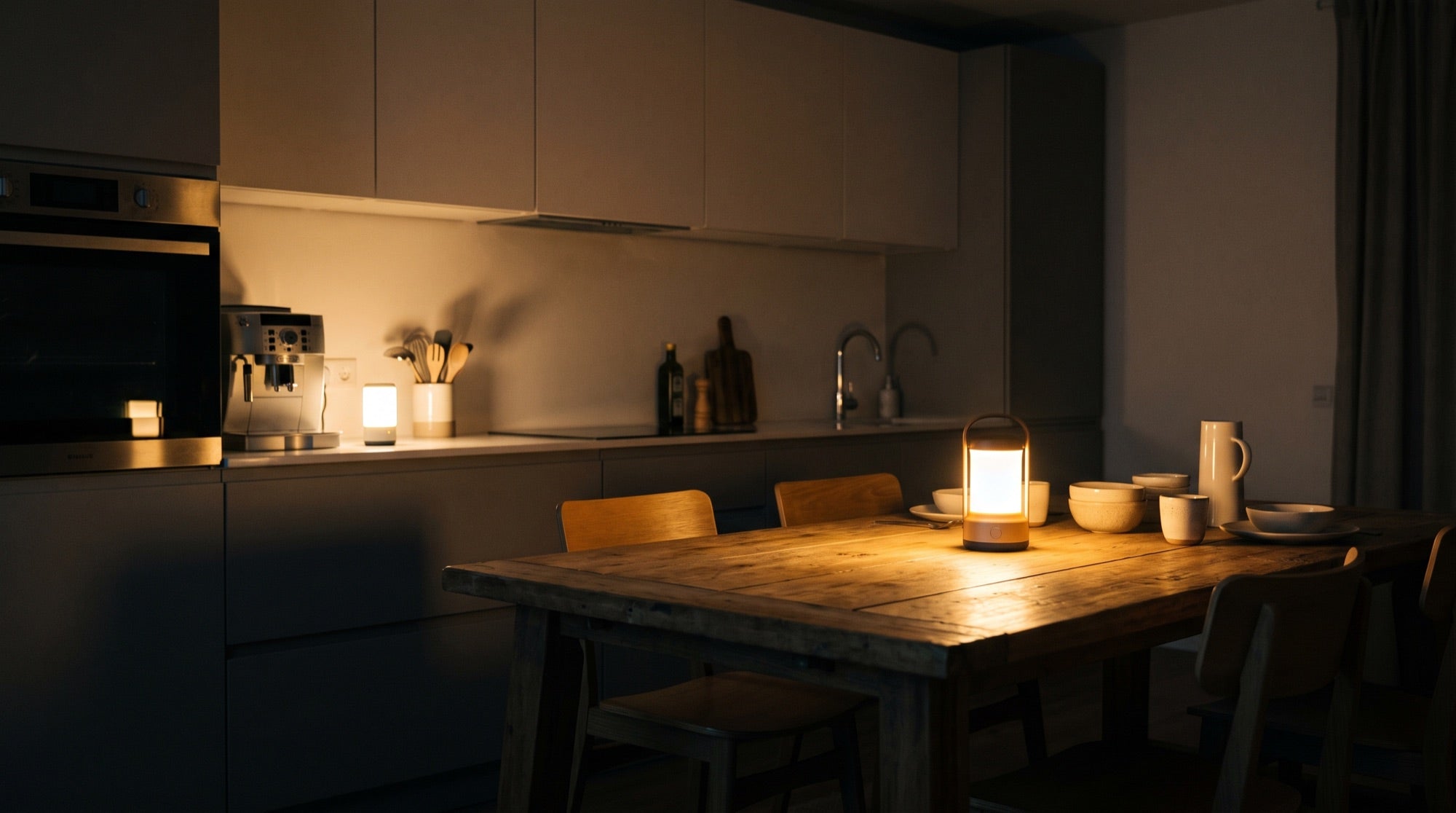 The same kitchen lit warmly by a rechargeable lantern and emergency light
